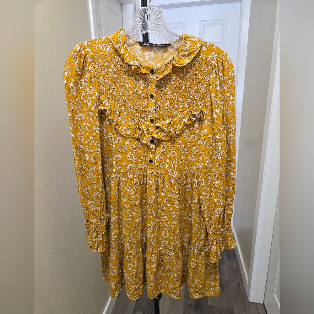 Zara Mustard Yellow Floral Ruffle Dress Boho Prairie Smocked Button Front - Picture 2 of 12